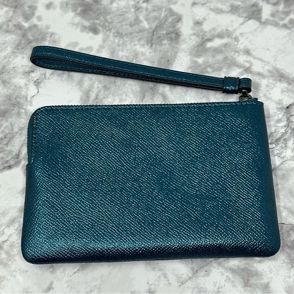 Coach Zip Wallet Wristlet Metallic Dark Teal